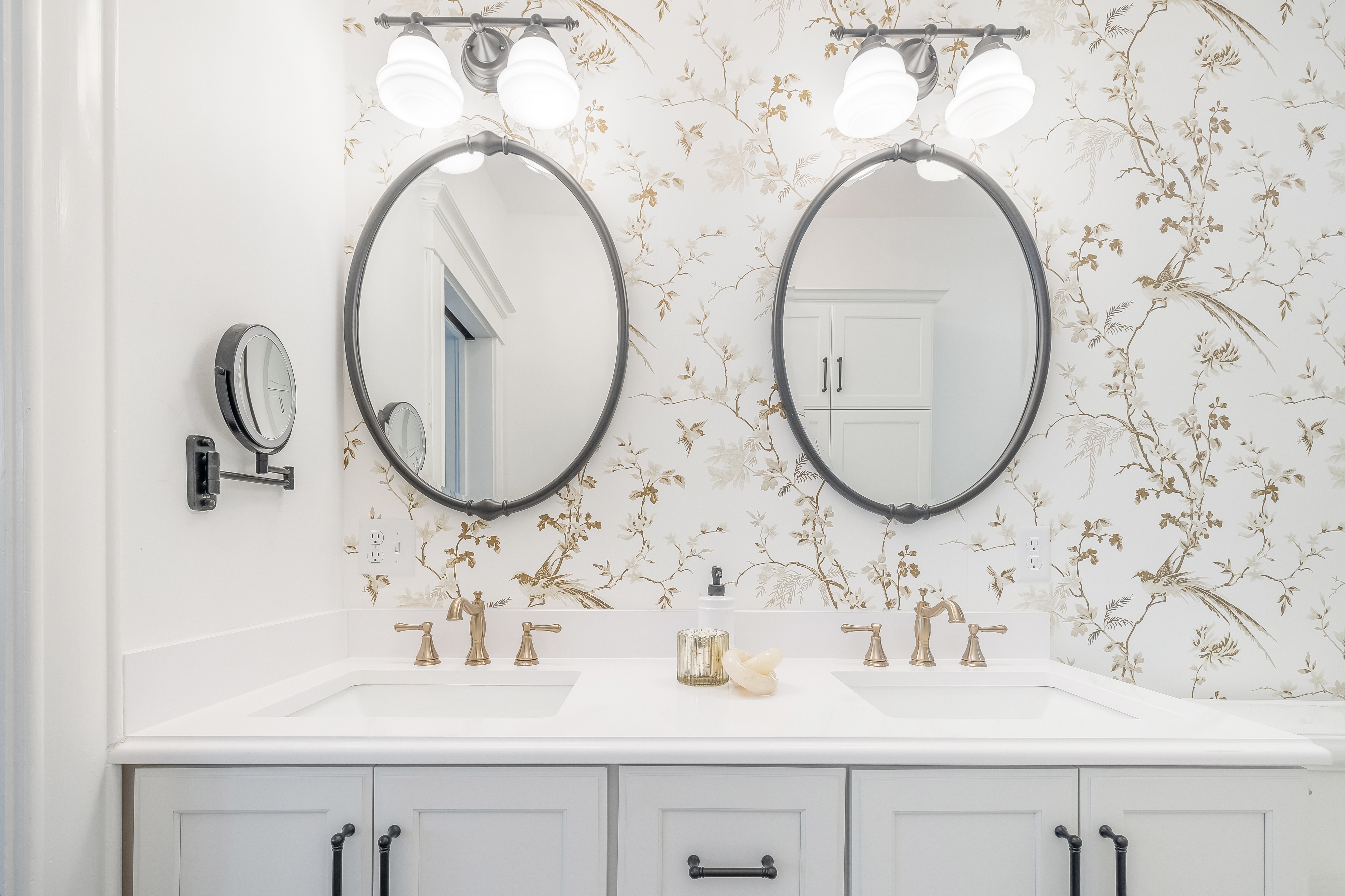 Face view of bathroom vanity and mirrors